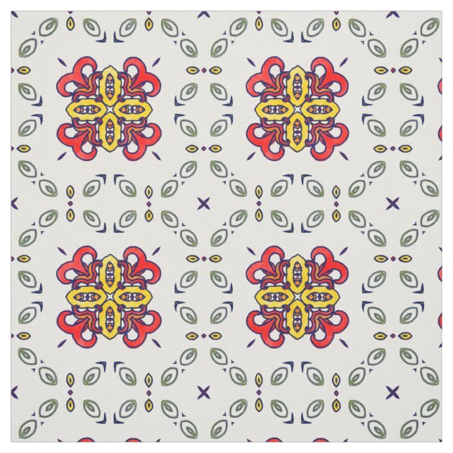 Red, Green and Yellow Floral Damask Pattern Fabric (Swatch)