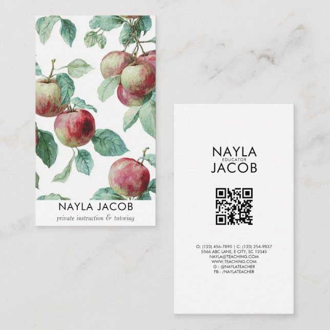 Red Green Apple Fruit Pattern Watercolor Rustic Business Card (Front/Back)