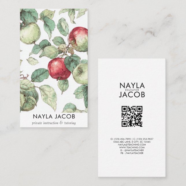 Red Green Apple Fruit Pattern Watercolor Rustic Business Card (Front/Back)
