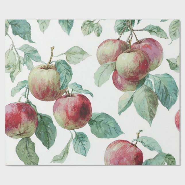 Red Green Apple Fruit Pattern Watercolor Rustic  Wrapping Paper (Flat)