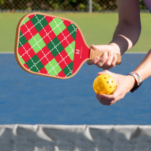 Red Green Argyle Diamonds Pattern Monogram Pickleball Paddle