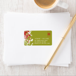 Red & Green Bamboo Leaves Chinese Wedding Address  Label