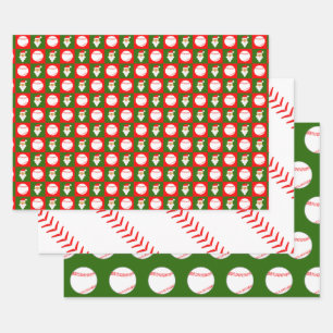 Red & Green Baseball & Santa Matching Christmas Wrapping Paper Sheet