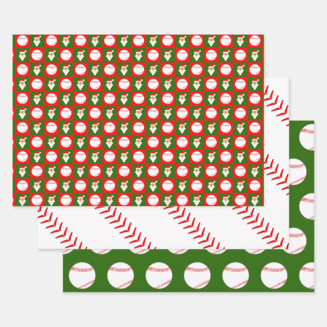 Red & Green Baseball & Santa Matching Christmas Wrapping Paper Sheet (Set)