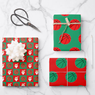 Red & Green Basketball & Santa Matching Christmas  Wrapping Paper Sheet