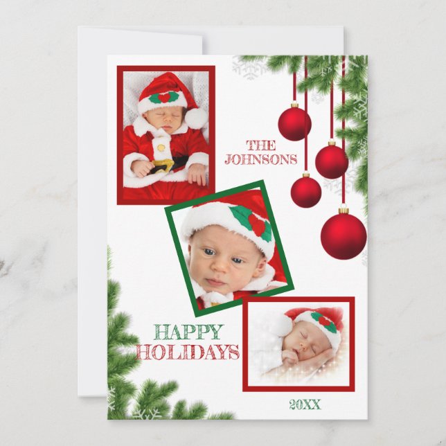 Red Green Baubles Christmas Happy Holidays PHOTOS Holiday Card (Front)