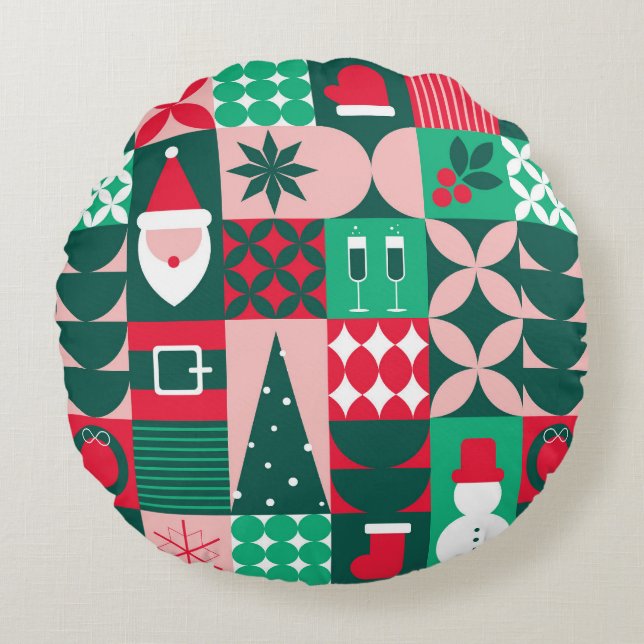 Red Green Bauhaus Christmas Festive Holidays Round Cushion (Front)