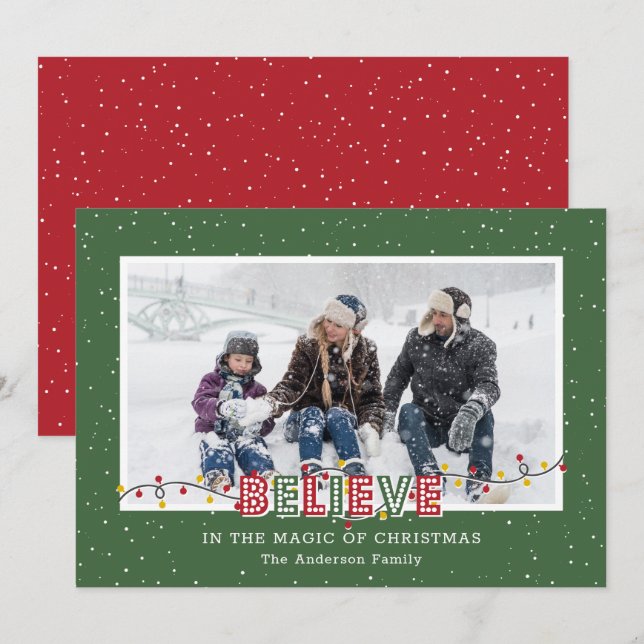 Red Green Believe In the Magic of Christmas Photo Holiday Card (Front/Back)