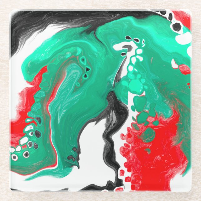 Red, Green, Black and White Marble Fluid Art    Glass Coaster (Front)