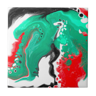 Red, Green, Black and White Marble Fluid Art   Tile