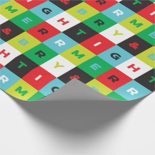 Red Green Black Blue Merry and Bright Checkers Wrapping Paper