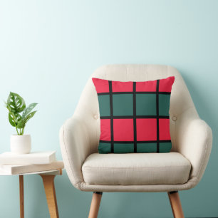 Red Green Black Checkered Stripes Pattern Cushion