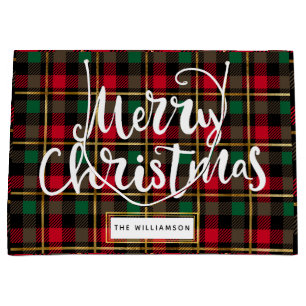 Red, Green, Black & Gold Christmas  Plaid Large Gift Bag