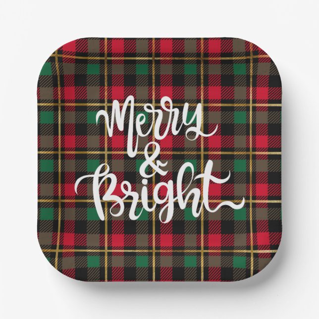 Red, Green, Black & Gold Christmas Plaid Paper Plate (Front)