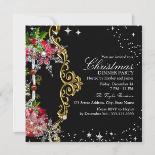 Red green Black Snowflake Christmas Dinner Party Invitation