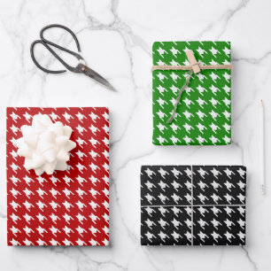 Red, Green & Black White Houndstooth Wrapping Paper Sheet