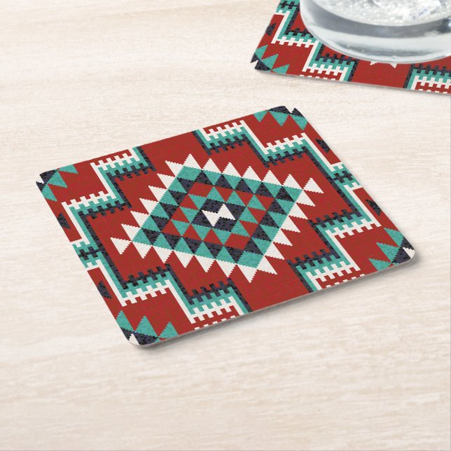 Red Green Black White Oriental Kilim Pattern Square Paper Coaster (Angled)