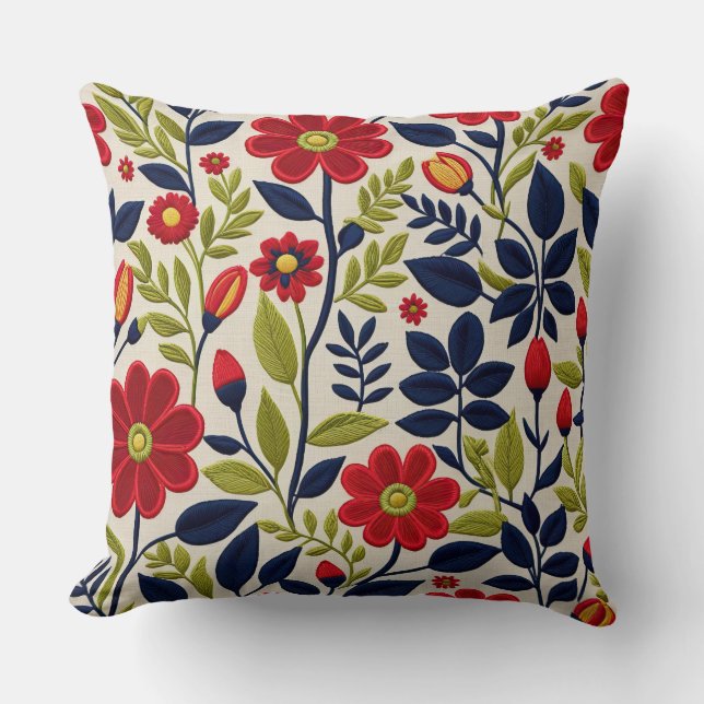 Red, green, blue and white floral cushion (Front)