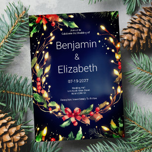 Red green blue Christmas floral wreathe Wedding Invitation