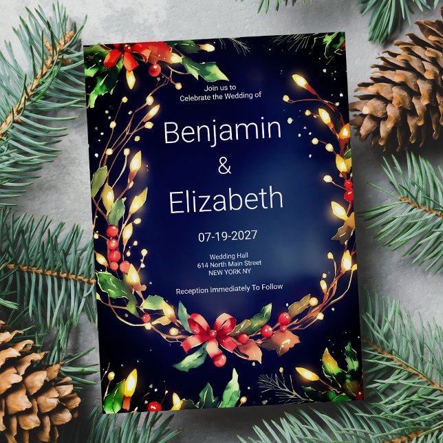 Red green blue Christmas floral wreathe Wedding Invitation (Red green blue Christmas floral wreathe Wedding )