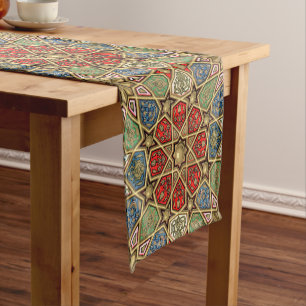 Red Green Blue Faux Gold Arabic Art Pattern Short Table Runner