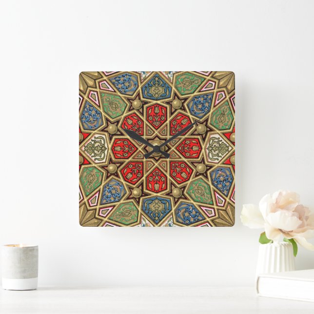 Red Green Blue Faux Gold Arabic Art Pattern Square Wall Clock (Home)