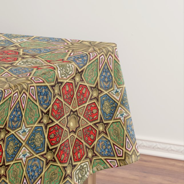 Red Green Blue Faux Gold Arabic Art Pattern Tablecloth (In Situ)