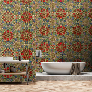 Red Green Blue Faux Gold Arabic Art Pattern Wallpaper