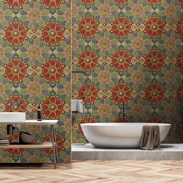 Red Green Blue Faux Gold Arabic Art Pattern Wallpaper (Bathroom)