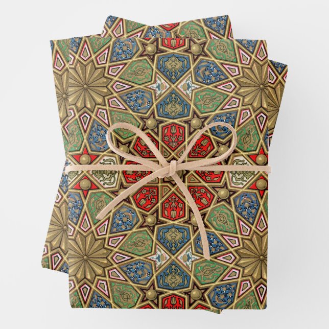 Red Green Blue Faux Gold Arabic Art Pattern Wrapping Paper Sheet (In situ)