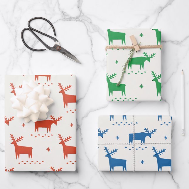 Red Green Blue Nordic Reindeer | Christmas Pattern Wrapping Paper Sheet (Front)