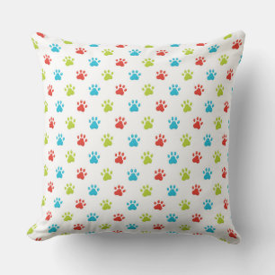 RED GREEN BLUE PAW PRINTS AND DOG BONES CUSHION
