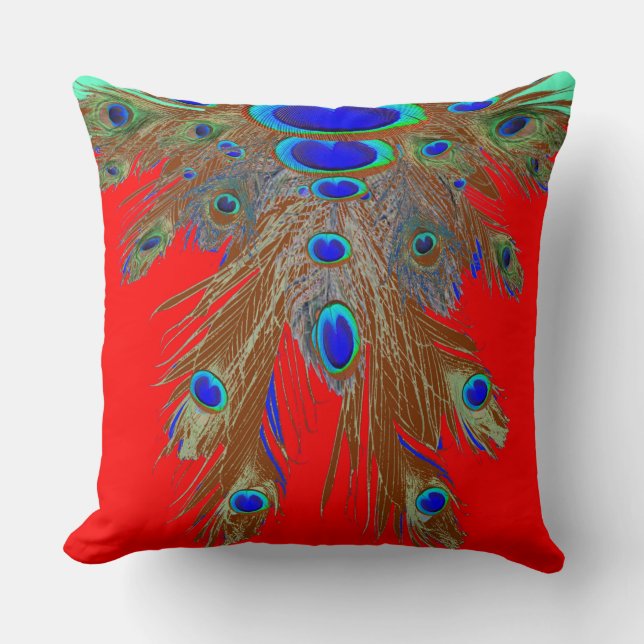 RED GREEN BLUE PEACOCK FEATHER JEWELS CUSHION (Front)