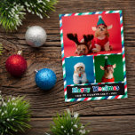 Red Green Blue Retro Merry Woofmas Photo Collage Holiday Card<br><div class="desc">Dog themed Merry Christmas photo card with stripes in blue,  green,  red,  and white along with Merry Woofmas written across beneath three photos of you dog(s) in a retro groovy font in red,  blue,  and green.</div>