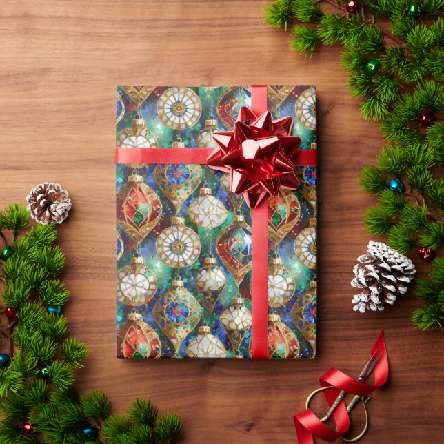 Red Green Blue White Gold Christmas Ornaments Wrapping Paper (Holiday Gift)