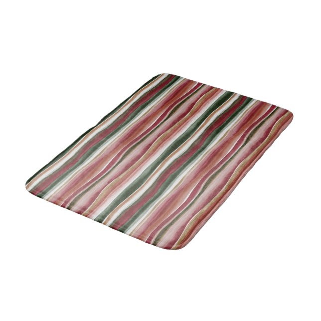 Red Green Blush White Gold Stripes Bath Mat (Angled)