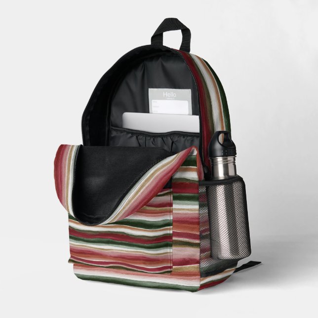 Red Green Blush White Gold Stripes Printed Backpack (Back Corner Right (Open))
