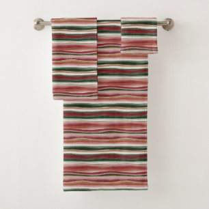 Red Green Blush White Stripes  Bath Towel Set