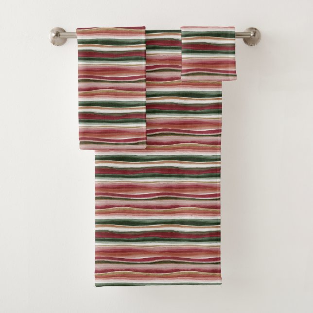 Red Green Blush White Stripes  Bath Towel Set (Insitu)