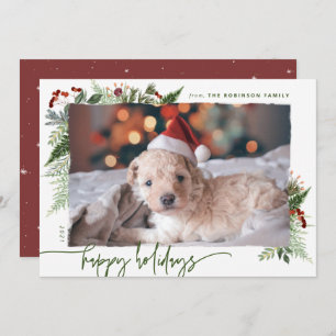 Red & Green Boho Greenery Modern Script Photo Holiday Card