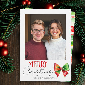 Red, green bow and stripes Merry Christmas photo Holiday Card