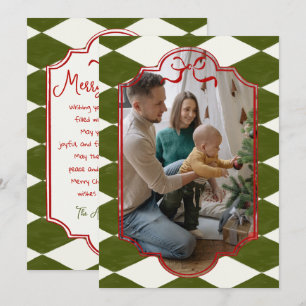 Red Green Bow Chequered Frame Photo Christmas Holiday Card