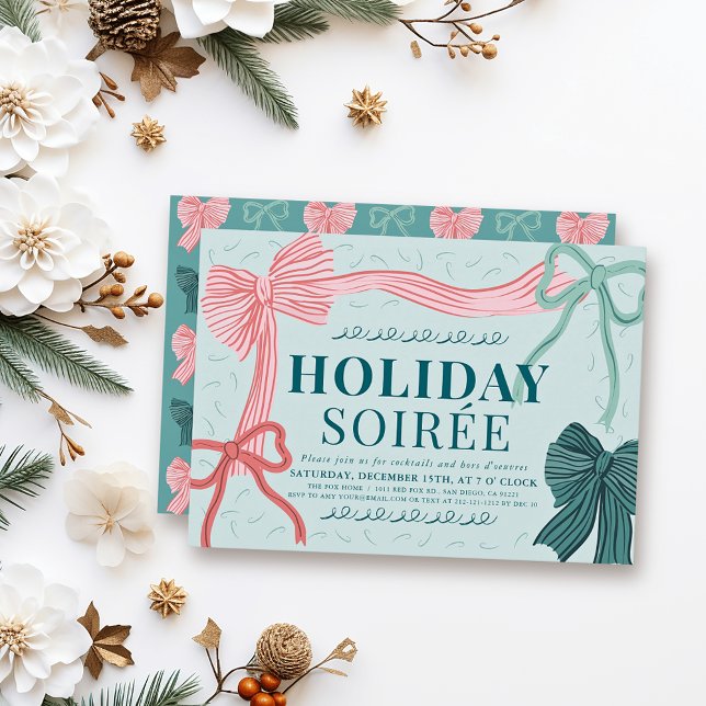 Red & Green Bows Green Christmas Holiday Soirée Invitation (Creator Uploaded)