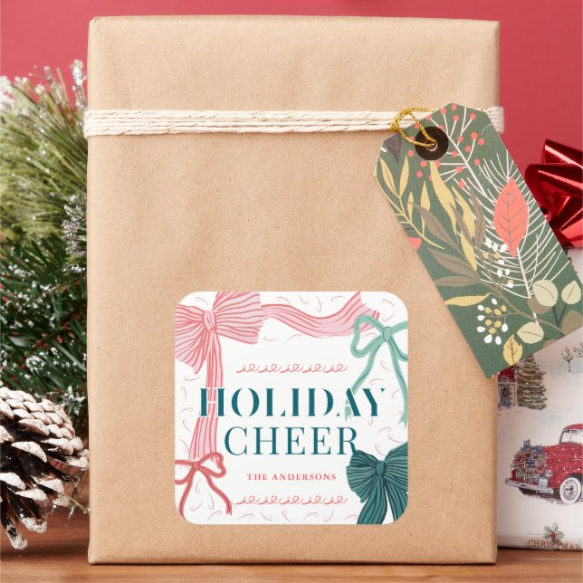 Red & Green Bows Holiday Cheer Christmas Holiday Square Sticker (Holiday)