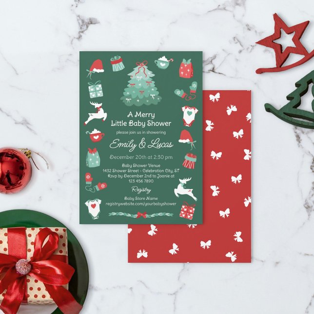 Red Green Bows Merry Little Christmas Baby Shower Invitation (Creator Uploaded)