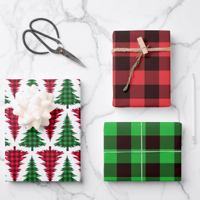 Red Green Buffalo Check Christmas Tree Wrapping Paper Sheet (Front)