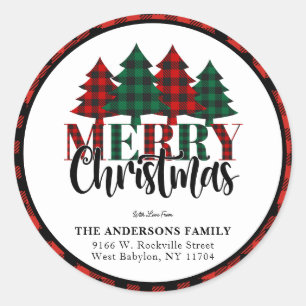 Red & Green Buffalo Plaid Pattern Merry Christmas Classic Round Sticker