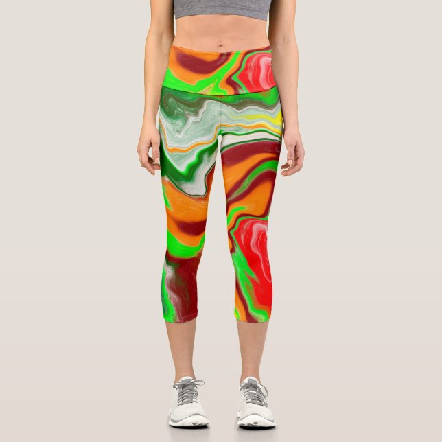 Red, Green, Burgundy Colourful Marble Fluid Art   Capri Leggings (Front)