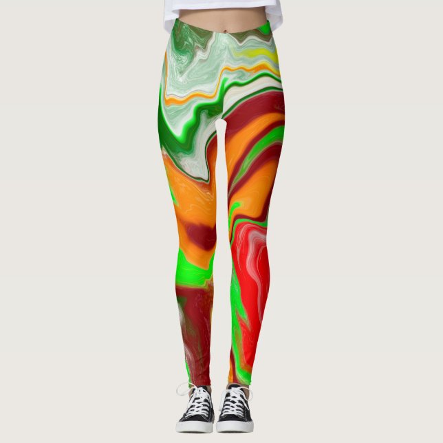 Red, Green, Burgundy Colourful Marble Fluid Art    Leggings (Front)