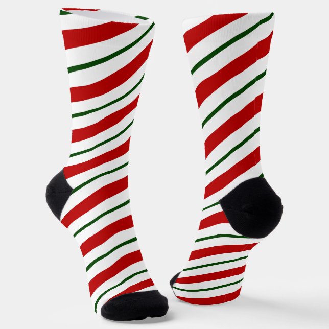 Red & Green Candy Cane Stripes Christmas Socks (Angled)